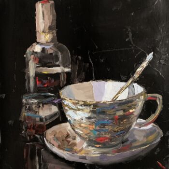 Peinture intitulée "TEA CUP AND WINE ON…" par Vita Schagen, Œuvre d'art originale, Huile Monté sur Châssis en bois