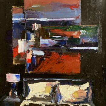 Painting titled "ROOM INTERIOR WITH…" by Vita Schagen, Original Artwork, Oil Mounted on Wood Stretcher frame