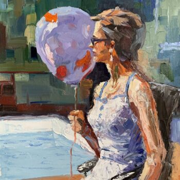 Картина под названием "Woman with air ball…" - Vita Schagen, Подлинное произведение искусства, Масло Установлен на Деревянна…