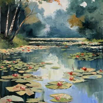 Painting titled "Pond with water lil…" by Vita Schagen, Original Artwork, Oil Mounted on Wood Stretcher frame