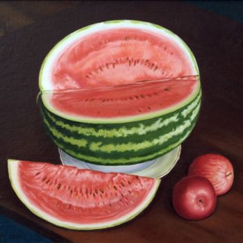 Картина под названием "Арбуз  и яблоки (Wa…" - Vita Sergienko, Подлинное произведение искусства, Масло