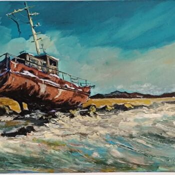 Painting titled "Old boat" by Vitalii Bondarenko (ViBond), Original Artwork, Oil Mounted on Wood Stretcher frame