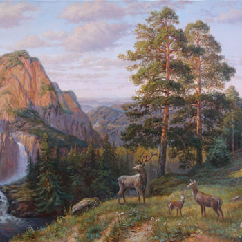 Painting titled "Пейзаж с оленями" by Vitalii Potapov, Original Artwork, Oil