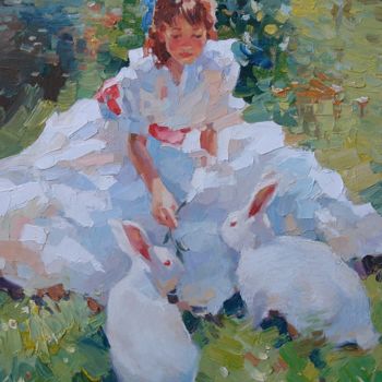 Painting titled "Girl with white rab…" by Vitaliy Bondarenko, Original Artwork, Oil