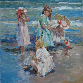 Painting titled "Children on the sho…" by Vitaliy Bondarenko, Original Artwork, Oil