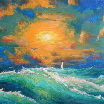 Painting titled "The sun over the sea" by Vitaliy Ustimenko, Original Artwork, Oil