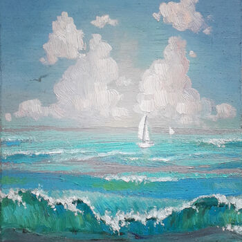 Картина под названием "In the blue sea fog" - Vitaliy Ustimenko, Подлинное произведение искусства, Масло