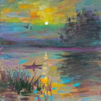 Malarstwo zatytułowany „Evening fishing” autorstwa Vitaliy Ustimenko, Oryginalna praca, Olej