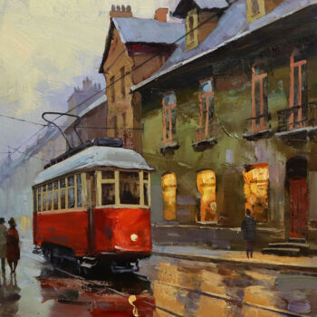 Pittura intitolato "Cityscape 'The tram…" da Vitaly Gunaza, Opera d'arte originale, Olio Montato su Telaio per barella in le…