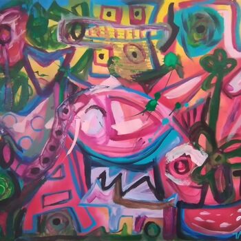Malerei mit dem Titel "Gato com peixe, flo…" von Vitor Pisco, Original-Kunstwerk, Acryl