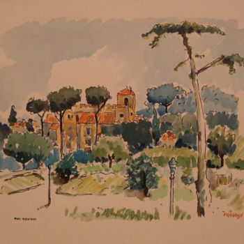 Painting titled "Pini romani, 1989" by Vittorio Paradisi, Original Artwork, Watercolor