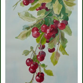 Painting titled "BRANCHE DE CERISES" by Viviane Farrugia, Original Artwork, Watercolor