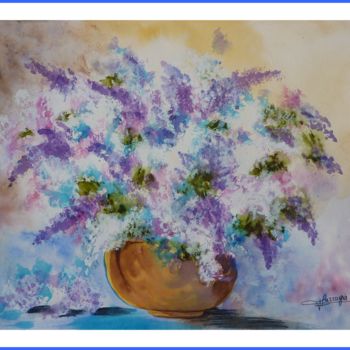 Schilderij getiteld "LES TROIS LILAS" door Viviane Farrugia, Origineel Kunstwerk, Aquarel