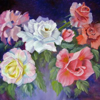 Painting titled "ECLAT DE ROSES" by Viviane Farrugia, Original Artwork, Oil Mounted on Wood Stretcher frame