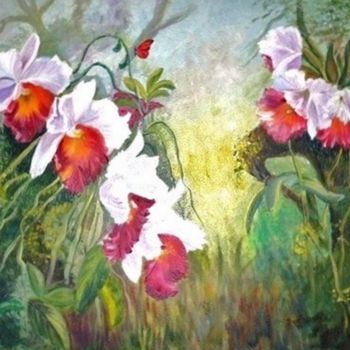 Painting titled "ORCHIDEES ROSES" by Viviane Farrugia, Original Artwork, Acrylic Mounted on Wood Stretcher frame