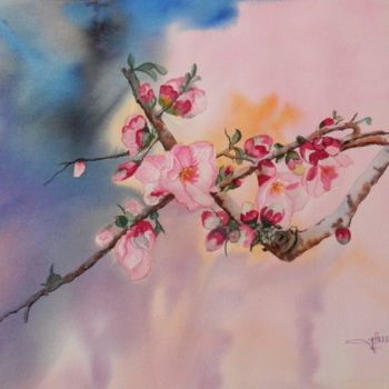 Peinture intitulée "pommier du japon" par Viviane Farrugia, Œuvre d'art originale, Aquarelle