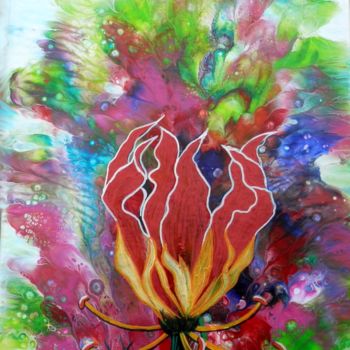 Peinture intitulée "fleur-tropicale" par Viviane Farrugia, Œuvre d'art originale, Acrylique