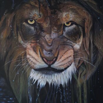 Painting titled "Lion" by Vívian Lima, Original Artwork, Oil Mounted on Wood Stretcher frame