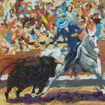 Malerei mit dem Titel "A bull charging the…" von Viviano, Original-Kunstwerk, Öl