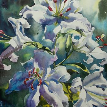 Painting titled "WHITE LILIES #2" by Yuriy Pashkov, Original Artwork, Watercolor