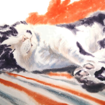 Painting titled "Dreaming Cat I" by Irina Vorobei, Original Artwork, Watercolor