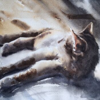 Painting titled "Shining Cat" by Irina Vorobei, Original Artwork, Watercolor