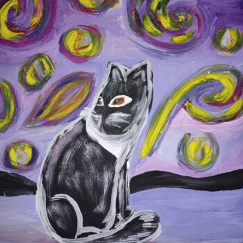 Картина под названием "Лунный кот, на холс…" - Vkavtor, Подлинное произведение искусства, Акрил