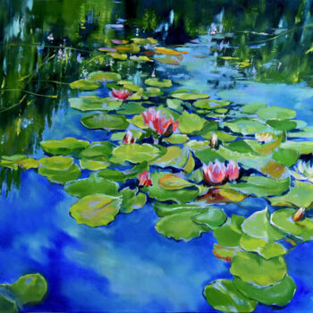 Malarstwo zatytułowany „The flowered pond” autorstwa Vlada Kadymova, Oryginalna praca, Olej Zamontowany na Drewniana rama no…