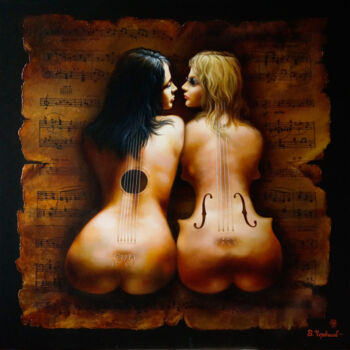 Painting titled "Guitar and violin…" by Vladimir Cherkasov, Original Artwork, Oil
