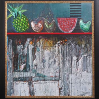 Painting titled "Bodegon with fruit" by Vladimir Cora, Original Artwork, Acrylic Mounted on Wood Stretcher frame