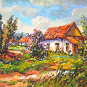 Painting titled "Дом в деревне" by Vladimir Gurbo, Original Artwork, Oil Mounted on Wood Stretcher frame