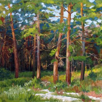 Painting titled "Forest path" by Vladimir Kozlov, Original Artwork, Oil Mounted on Wood Stretcher frame
