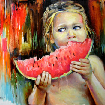 Painting titled "baby with watermelon" by Vladimir Lutsevich, Original Artwork, Oil