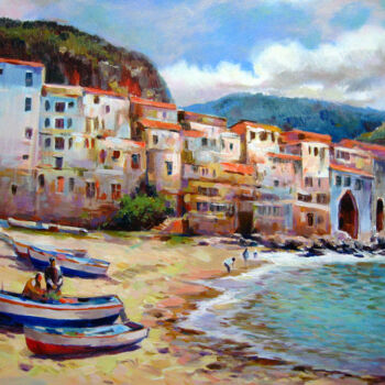 Pittura intitolato "City by the sea" da Vladimir Lutsevich, Opera d'arte originale, Acrilico