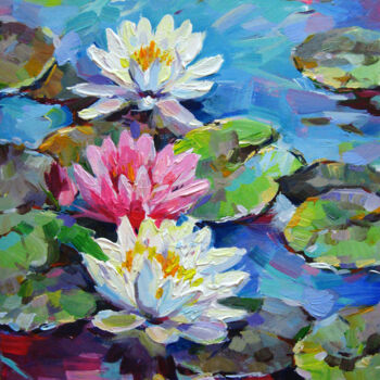 Painting titled "Water lilies on the…" by Vladimir Lutsevich, Original Artwork, Acrylic