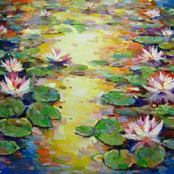 Painting titled "Evening pond with l…" by Vladimir Lutsevich, Original Artwork, Oil