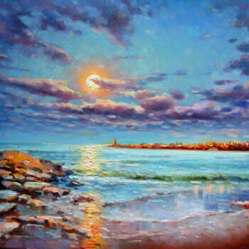 Pintura intitulada "Moonrise over the s…" por Vladimir Lutsevich, Obras de arte originais, Óleo