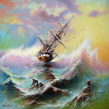Картина под названием "Storm at sea" - Vladimir Lutsevich, Подлинное произведение искусства, Масло
