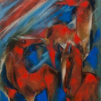 Painting titled "Красные кони на син…" by Vladimir Simakov, Original Artwork, Oil