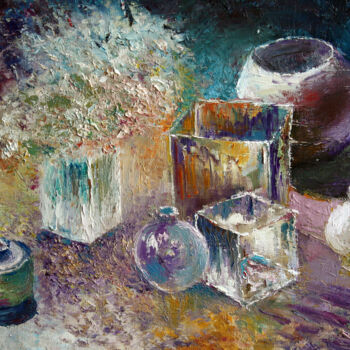 Painting titled "Still life with per…" by Vladimir Volosov, Original Artwork, Oil Mounted on Wood Stretcher frame