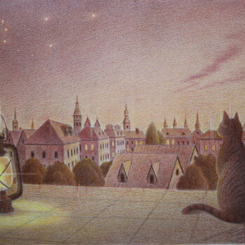 Zeichnungen mit dem Titel "Вечер в старом горо…" von Vladimir Vp, Original-Kunstwerk, Conté-Buntstifte