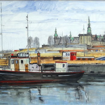 Painting titled "Port Holsingborg. D…" by Vladimirs Ilibajevs, Original Artwork, Oil