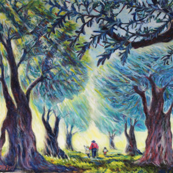 Painting titled "Walk among olive tr…" by Vladimir Lapin, Original Artwork, Oil
