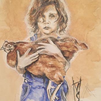 Drawing titled "girl with chicken.j…" by Vladimir Sudakov, Original Artwork, Ballpoint pen