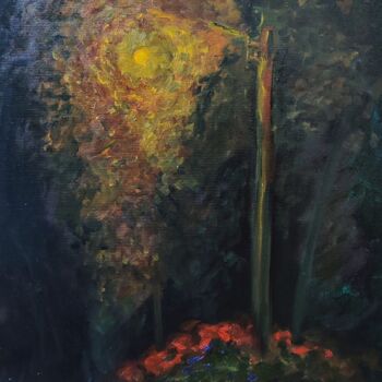Painting titled "A lonely lantern" by Vladislav Guzeev, Original Artwork, Oil Mounted on Wood Stretcher frame