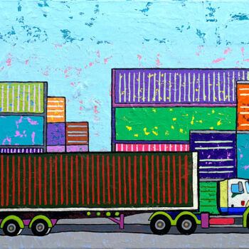 Schilderij getiteld "Cargo Traffic" door Vlado Vesselinov, Origineel Kunstwerk, Olie Gemonteerd op Frame voor houten brancard