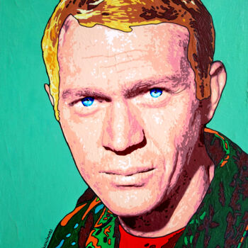 Schilderij getiteld "Steve McQueen" door Vlado Vesselinov, Origineel Kunstwerk, Olie Gemonteerd op Frame voor houten brancard