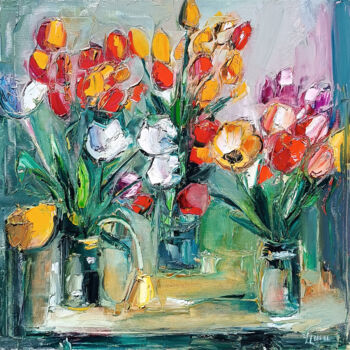 Картина под названием "Vibrant Tulip Medley" - Vlas Ayvazyan, Подлинное произведение искусства, Масло Установлен на Деревянн…