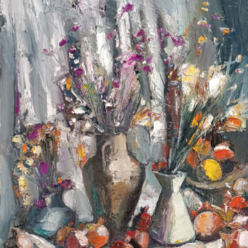 Schilderij getiteld "Rich Floral Symphony" door Vlas Ayvazyan, Origineel Kunstwerk, Olie Gemonteerd op Frame voor houten bra…