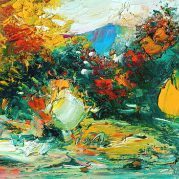 Painting titled "Abstract Autumn Pan…" by Vlas Ayvazyan, Original Artwork, Oil Mounted on Wood Stretcher frame